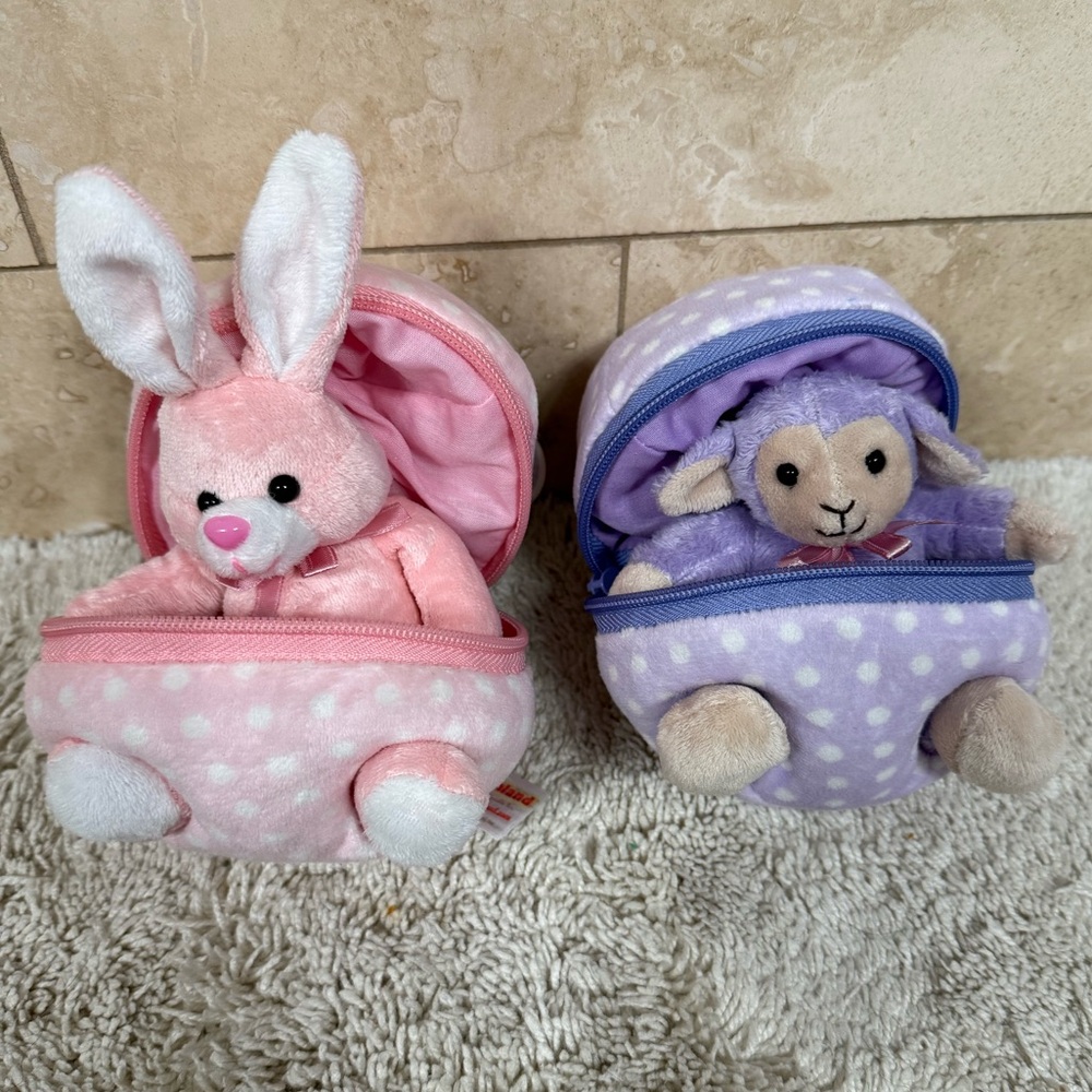 2 Plushland Plush Stuffed Animals Bunny and Sheep Zip Up Easter Egg Toys